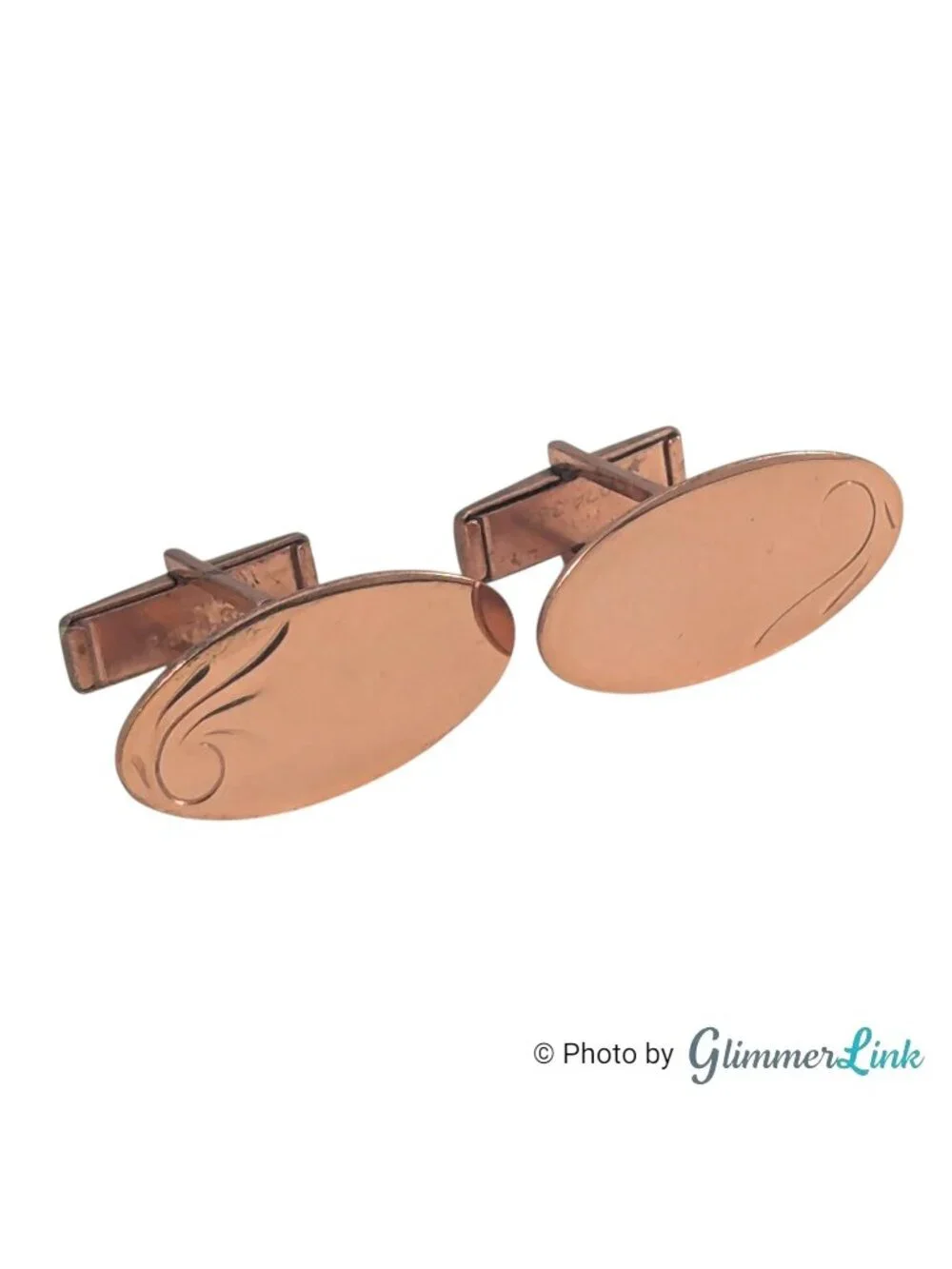 Vintage Copper Oval Cufflinks Engravable Swirl Whale Back